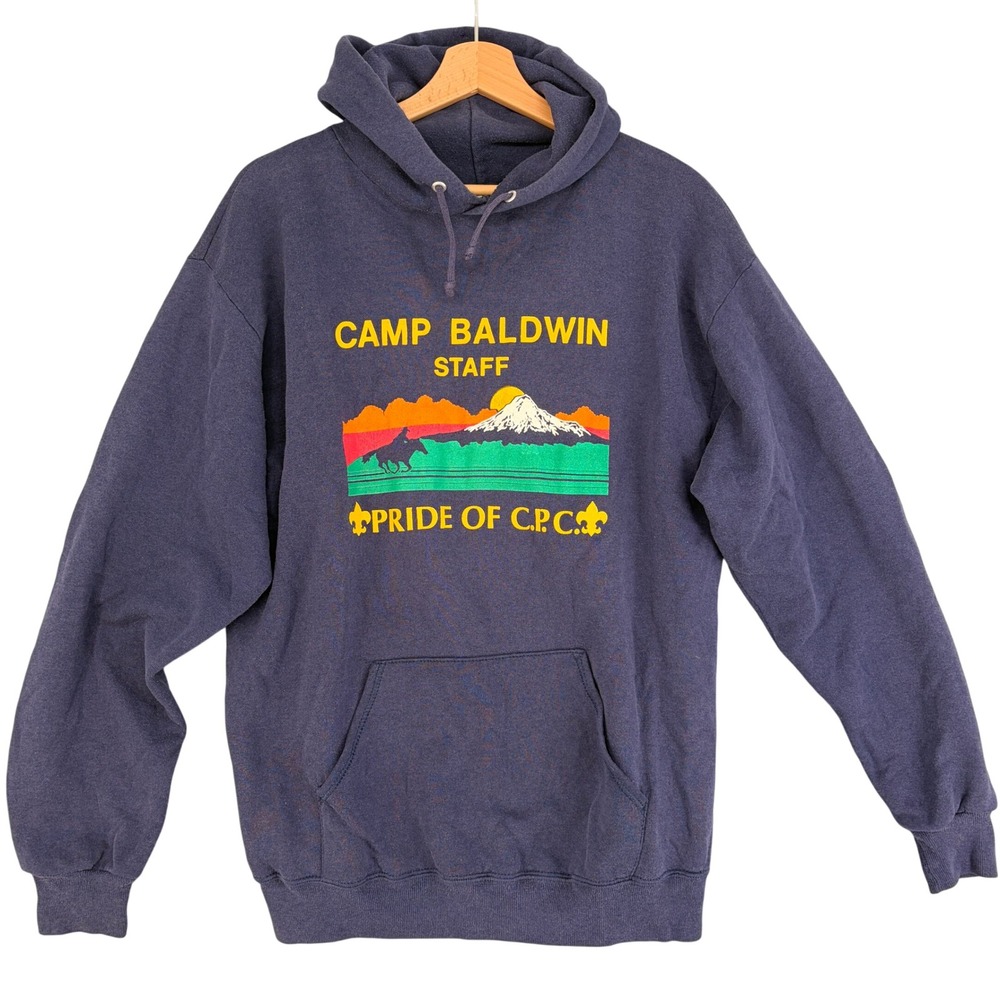 Vintage Jerzees Camp Baldwin Staff Hoodie Navy Blue XL Made in USA 90s Gorpcore